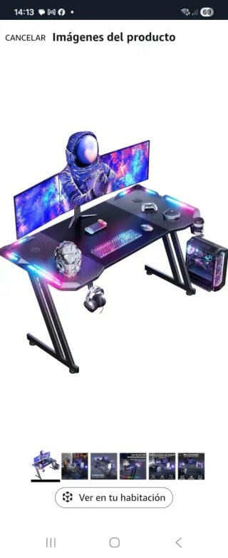 Escritorio Gamer 140x60 Negro con LED