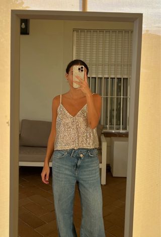 Top Zara Lentejuelas Plateado Talla M