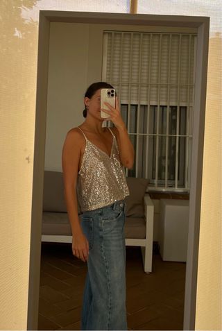 Top Zara Lentejuelas Plateado Talla M