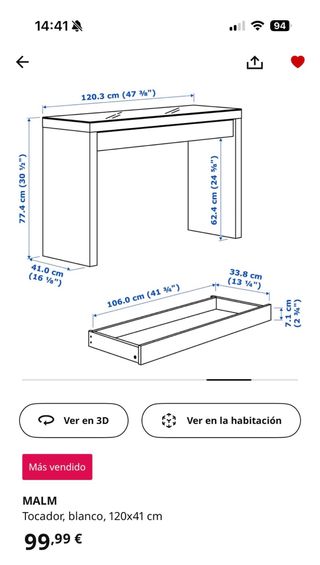Tocador Malm Ikea Blanco 120x41 cm
No se envía.