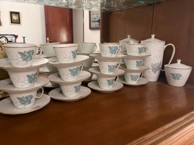Juego 12 Tazas Porcelana Flores Azul