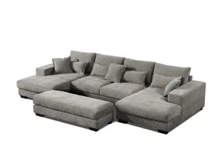 Sofá chaise longue + puff beige/gris