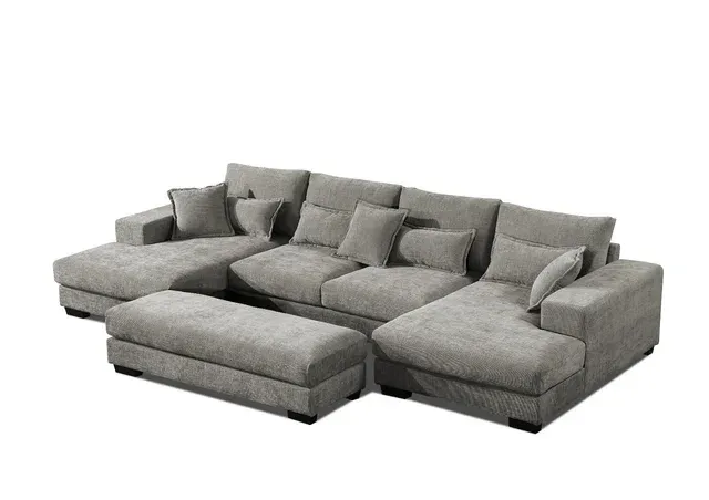 Sofá chaise longue + puff beige/gris