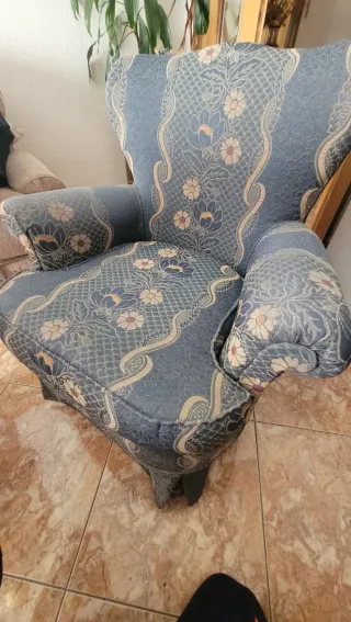 Sillón Vintage Tela Azul y Blanco