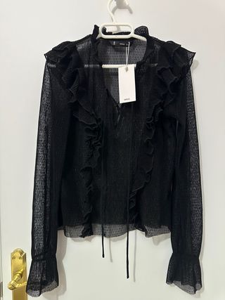 Blusa Mango Negra semitransparente lunares 