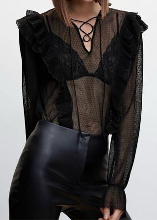 Blusa Mango Negra semitransparente lunares 