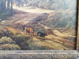 Antico quadro dipinto olio tavola paesaggio rurale