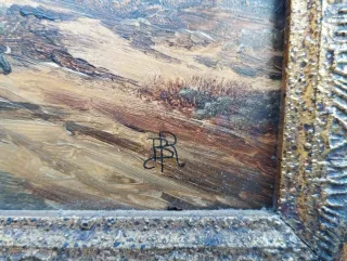 Antico quadro dipinto olio tavola paesaggio rurale