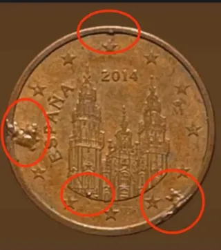 MONEDA 5 CÉNTIMOS ESPAÑA.2014.ERROR EXCESO METAL.