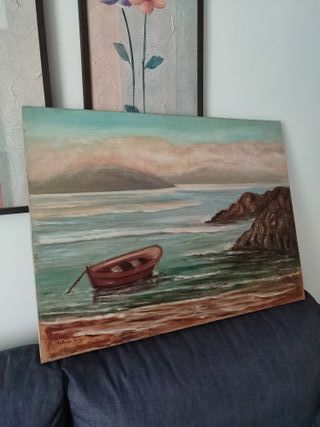 Cuadro acrílico paisaje marino con barca