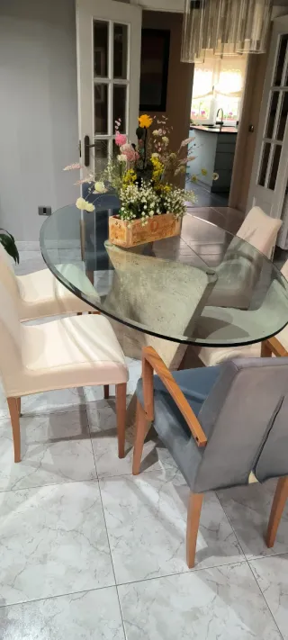 Mesa Comedor Cristal y Pie Mármol Travertino