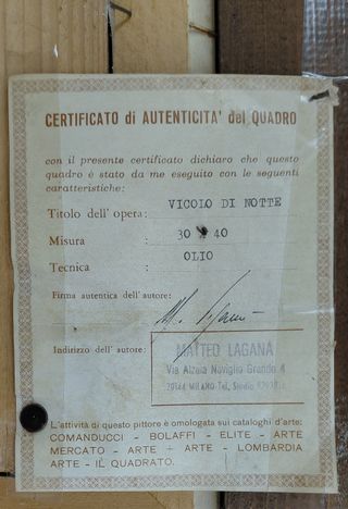 Dipinto Laganà certificato "Vicolo di notte"
