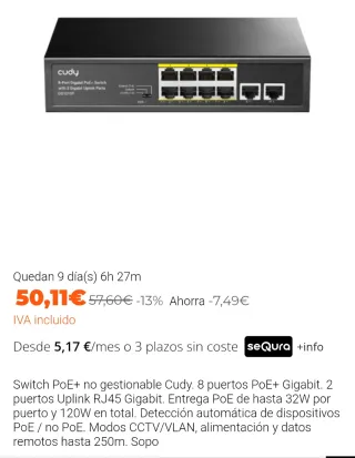 Switch Cudy PoE+ GS1010P 8+2 Puertos Gigabit