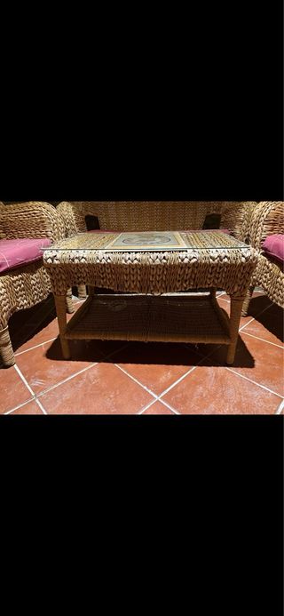 Conjunto sofás terraza mimbre y tela