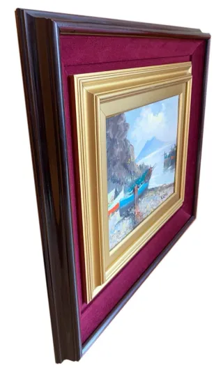 Quadro Marina con Vesuvio, cornice vintage