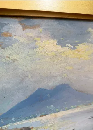 Quadro Marina con Vesuvio, cornice vintage