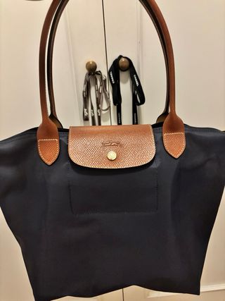 Bolso Longchamp Pliage Azul Marino Piel Marrón - L