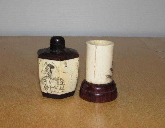 Botella china oriental rapé snuff y bote grabados