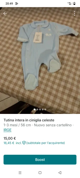 Tutina ciniglia celeste 1-3 mesi
