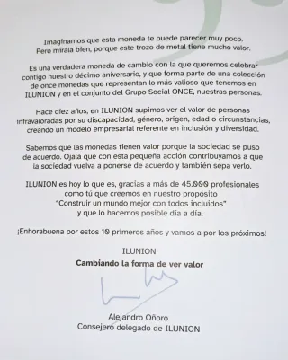 Monedas 10 Aniversario ILUNION+ Carta