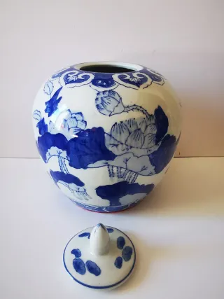 Jarrón Chino Tibor Porcelana Azul y Blanco