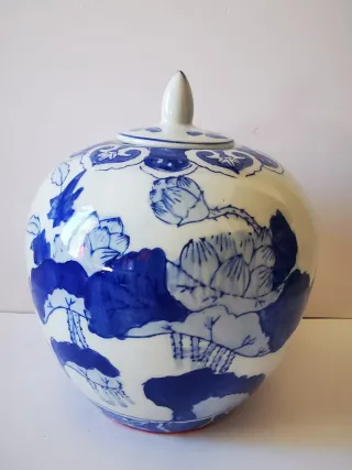 Jarrón Chino Tibor Porcelana Azul y Blanco