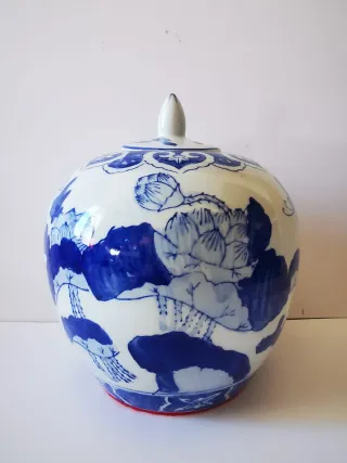 Jarrón Chino Tibor Porcelana Azul y Blanco