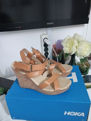 Sandalias tacón cuña corcho beige/marrón T.38