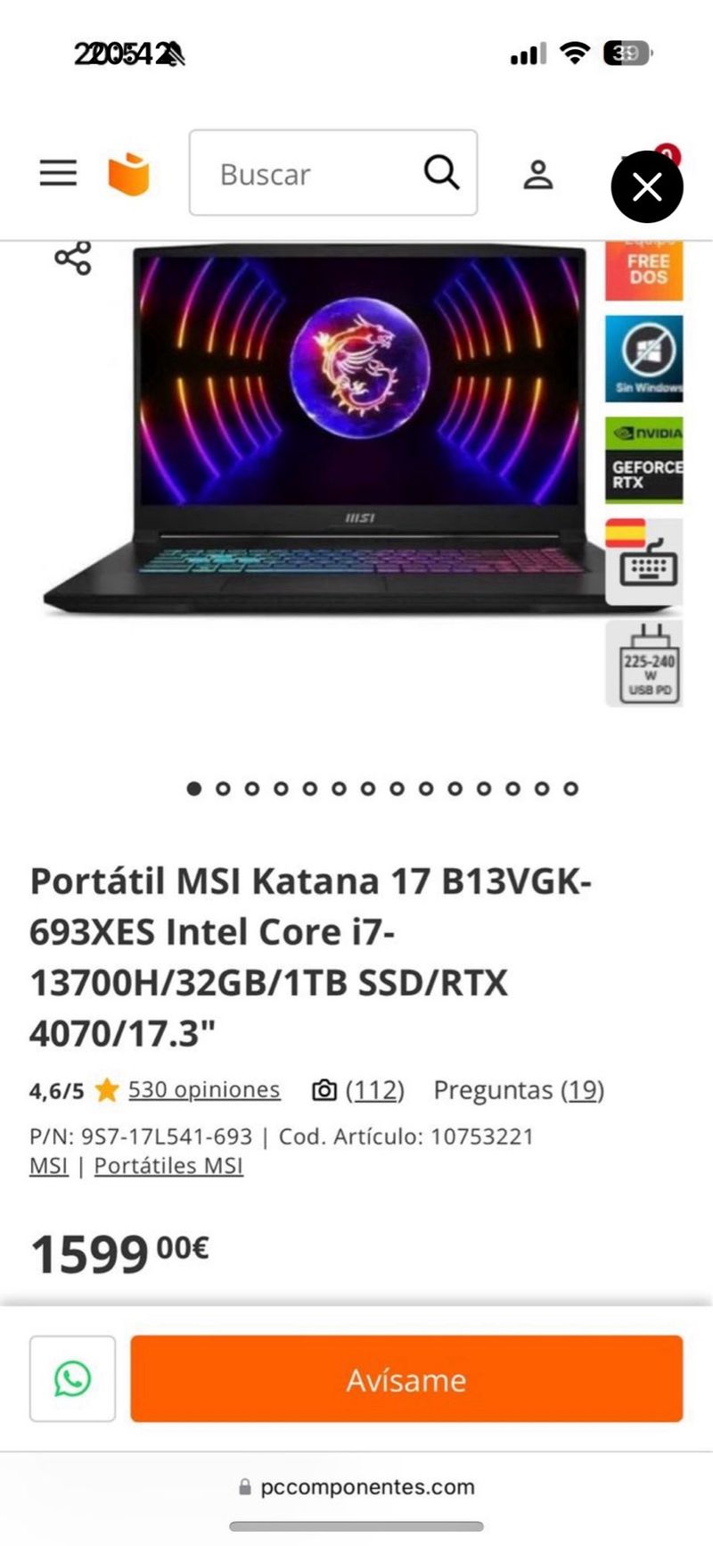 Portátil MSI Katana 17 RTX 4070 afbeelding 8
