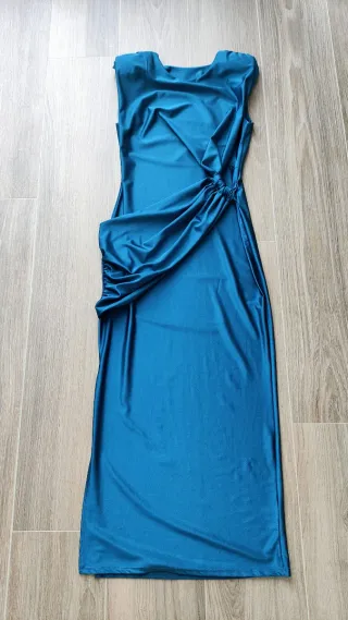 Vestido fiesta azul petróleo drapeado