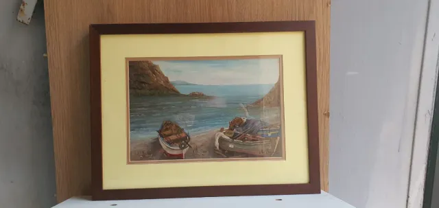 Quadro vintage pittura ad olio, paesaggio mare