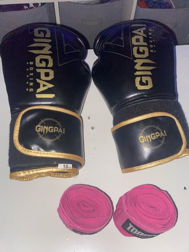 Guantes Boxeo GINGPAI y Vendas Rosas