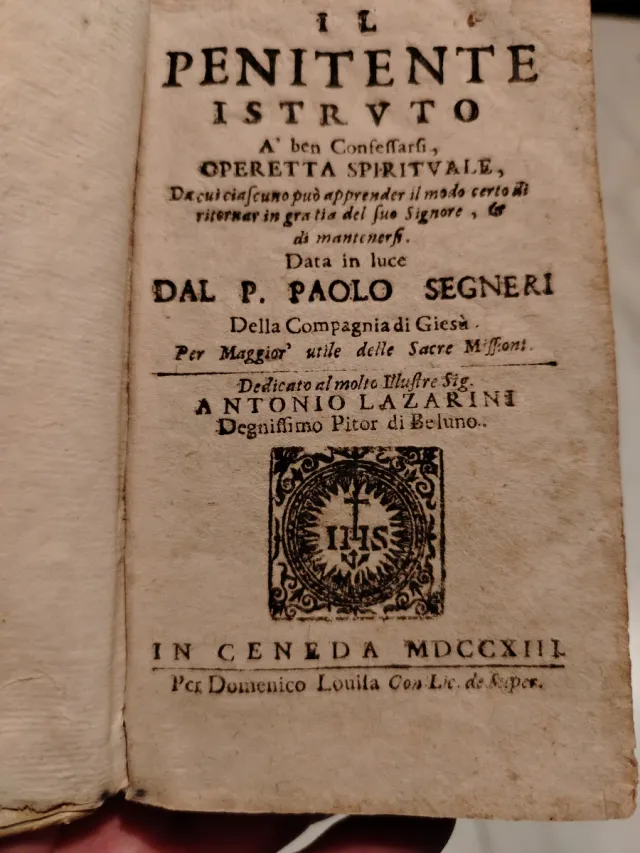Libro antico Il Penitente Istrvto 1713