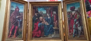 Tríptico óleo envejecido marco madera. Altar