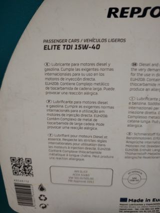 Aceite Repsol Elite TDI 15W-40 3L.