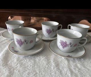 Juego 5 Tazas y Platos Vintage Porcelana