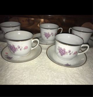 Juego 5 Tazas y Platos Vintage Porcelana