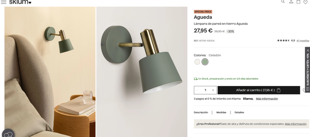 Aplique pared Sklum verde y dorado. Modelo Agueda