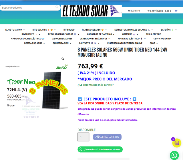 8 Paneles Solares Jinko 595W Monocristalino