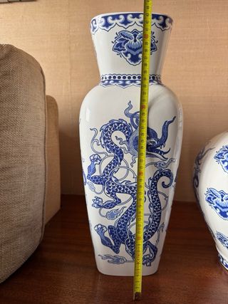 Jarrón Chino Porcelana Dragón Azul Vintage 70s