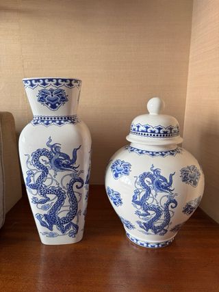 Jarrón Chino Porcelana Dragón Azul Vintage 70s