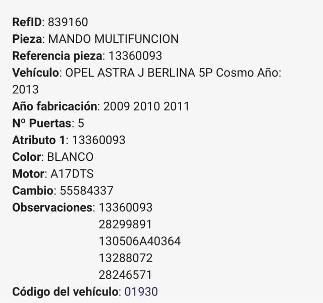 Mando Multifunción Opel Astra J Ref. 13360093