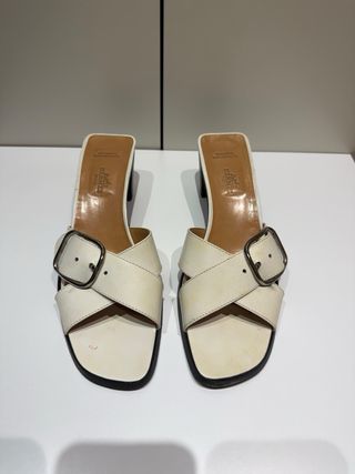 Hermès Sandalias Tacón Hebilla Cuero Blanco