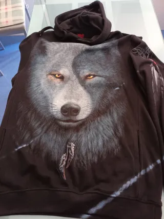 Sudadera con capucha de lobo negra, con bolsillos
