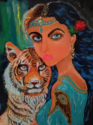 Quadro Donna e Tigre Olio su Tela Artigianale