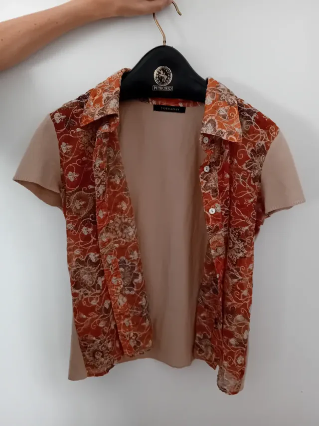 Camisa Torradas Beige y Naranja Estampada