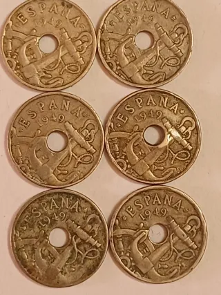 6 Monedas 50 Céntimos España 1949 con Agujero