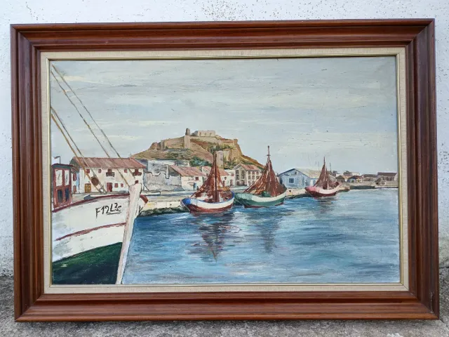 Antico olio su tela Denia Puerto Barcos