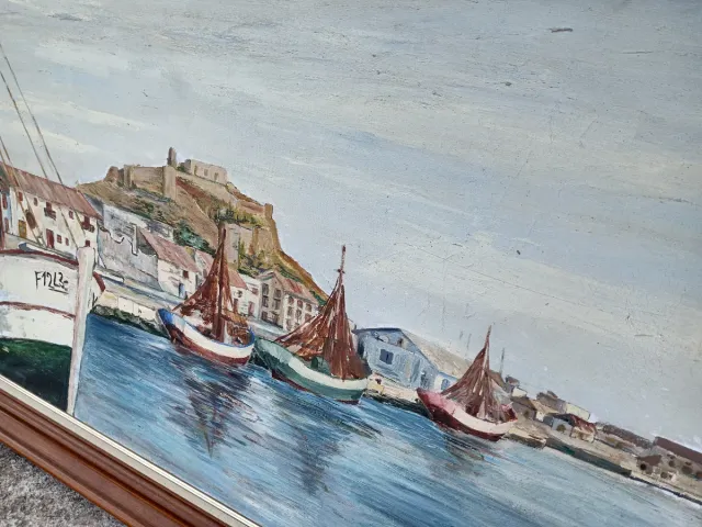 Antico olio su tela Denia Puerto Barcos
