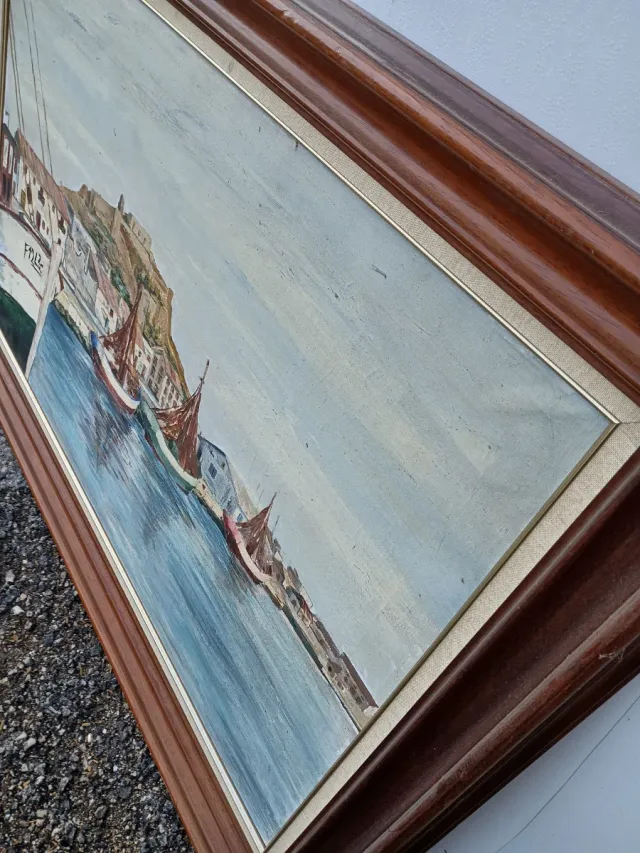 Antico olio su tela Denia Puerto Barcos